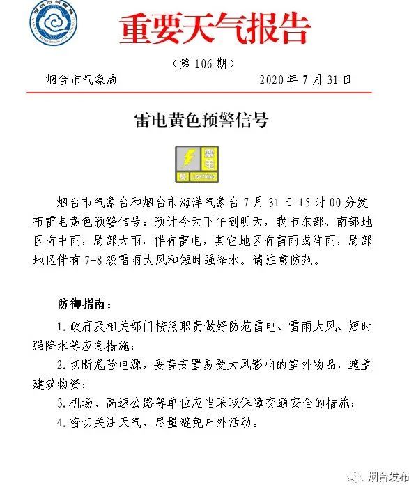 提前检查|中雨，局部大雨！伴有雷电！烟台发布重要天气报告！