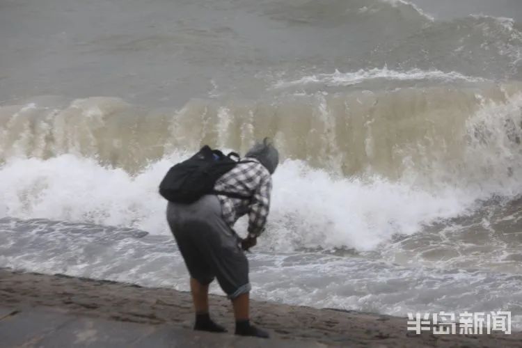 降水|青岛澳门路海边风大浪急，仍有人顶着大浪捞海冻菜