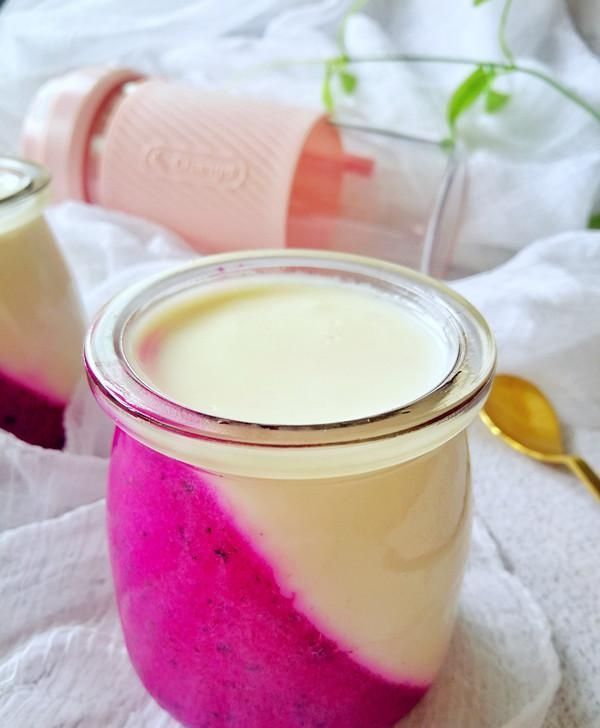 双色|火龙果换种吃法,加点酸奶做双色布丁,成本低成功率高