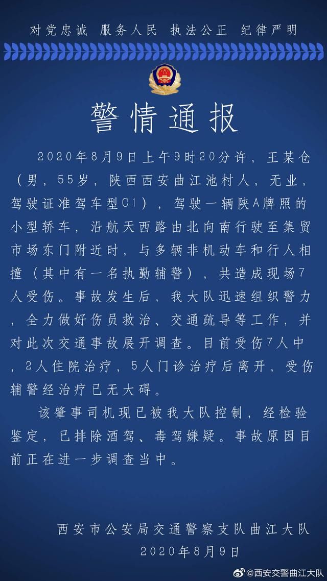 连撞|西安一轿车失控连撞7人，司机排除酒驾、毒驾