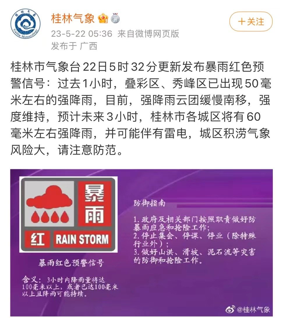 桂林市区小时雨强历史纪录被打破！本轮强降雨基本结束，明天迎来好天气