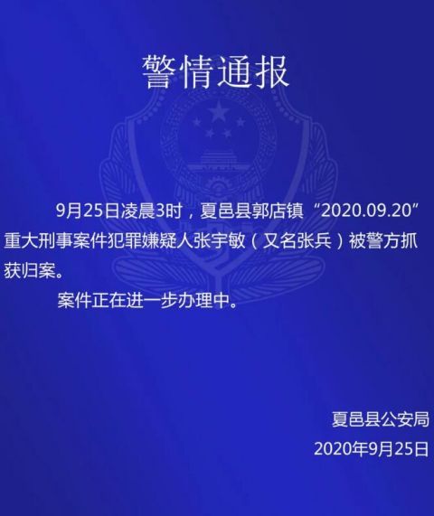 刑案|河南夏邑县重大刑案犯罪嫌疑人张宇敏被抓获归案