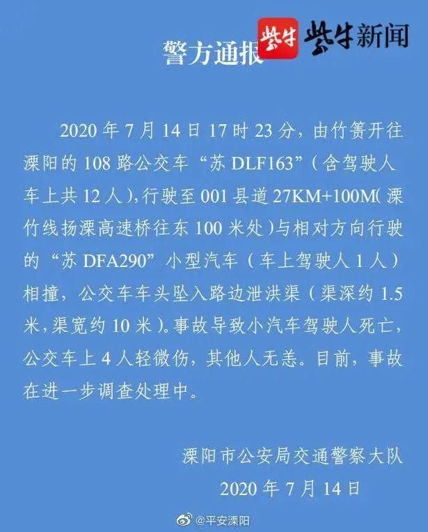  公交车|事发溧阳！公交车与轿车相撞后冲入沟渠，轿车司机不幸身亡