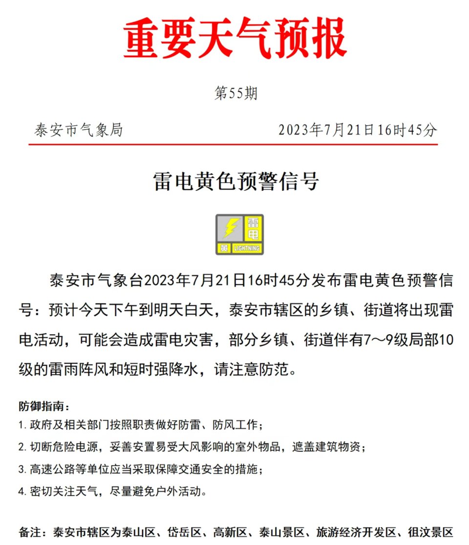 泰安雷电黄色预警！7~9级局部10级雷雨阵风和短时强降水来袭