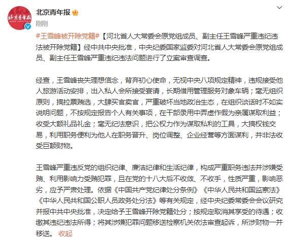 河北省人大常委会原党组成员、副主任王雪峰严重违纪违法被开除党籍