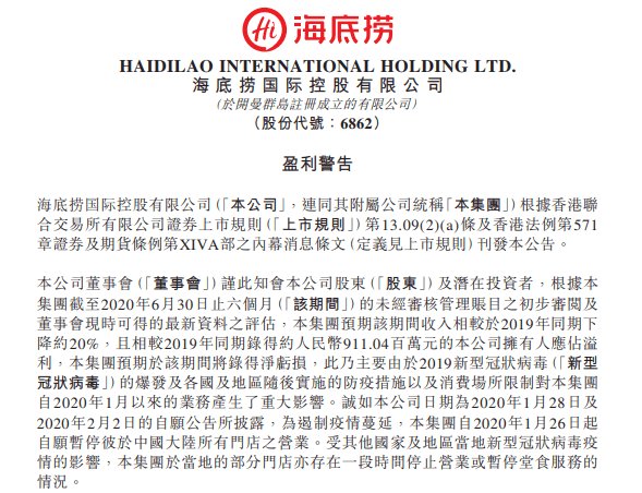  预计|海底捞也扛不住了！预计上半年收入同比下降20%，净利由盈转亏