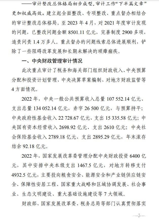 审计署发布2022年度审计报告 中央财政赤字26500亿元 与预算持平