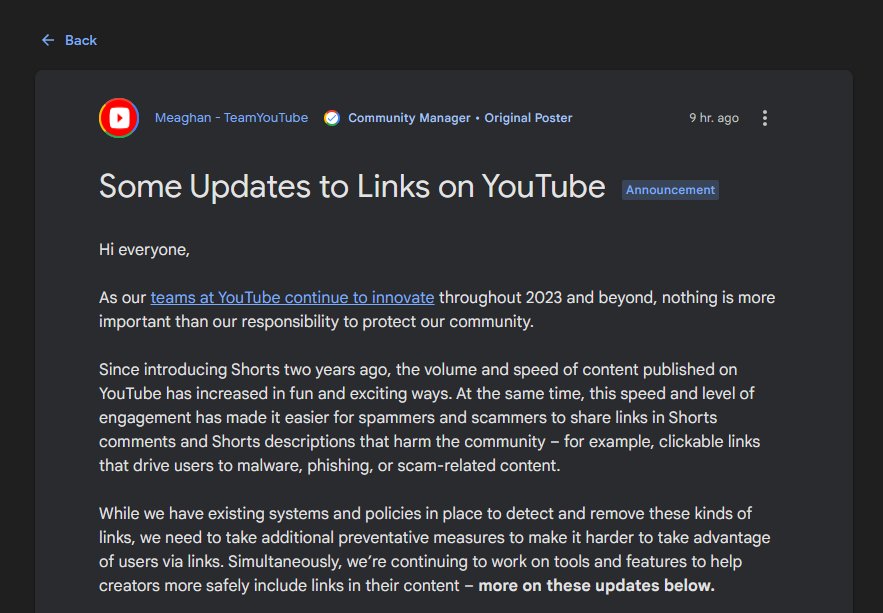 YouTube短视频板块将屏蔽简介、评论区链接，以遏制垃圾信息