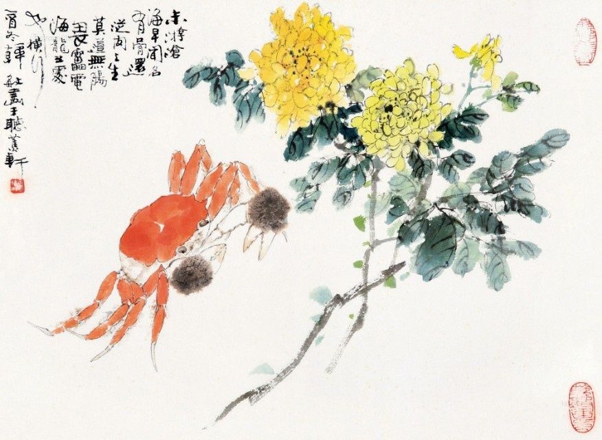 螃蟹|国画名家《菊蟹图》大赏：螃蟹、菊花、美酒