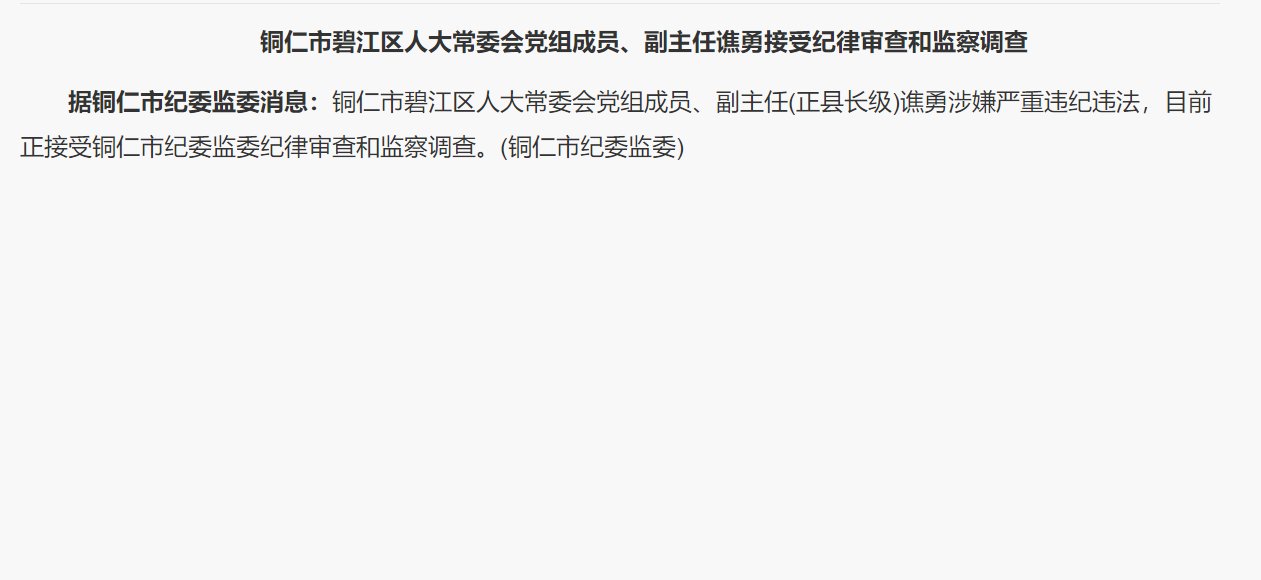 贵州省铜仁市碧江区人大常委会党组成员、副主任谯勇接受审查调查