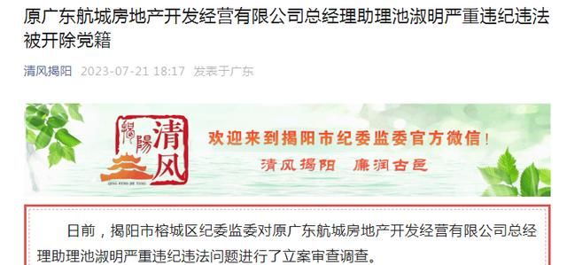 原广东航城房地产开发经营有限公司总经理助理池淑明被开除党籍