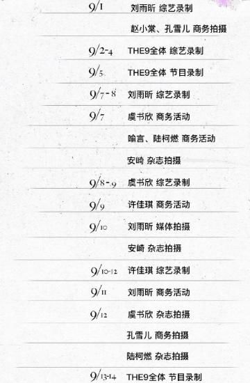  资源|THE9九月上行程：刘雨昕最多，喻言很少，谢可寅却没有个人资源