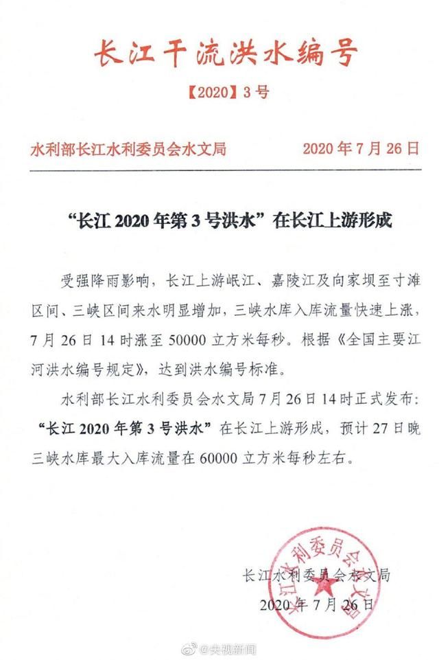 洪水|长江2020年第3号洪水形成 扩散周知，提高警惕