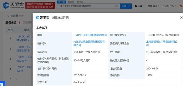 万达商管新增2条股权冻结信息 被冻结股权数额合计6000万
