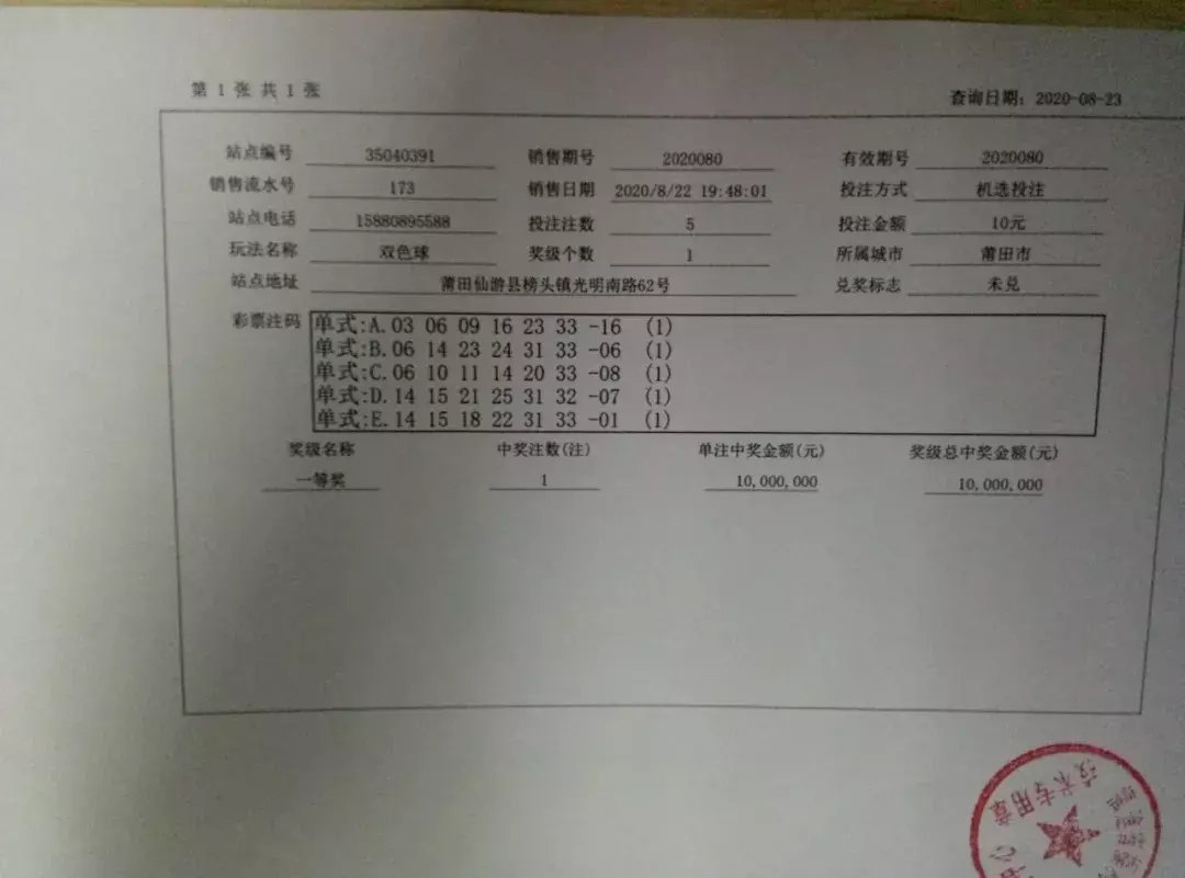 巨奖|好运临门 莆田彩民喜中1000万元双色球巨奖