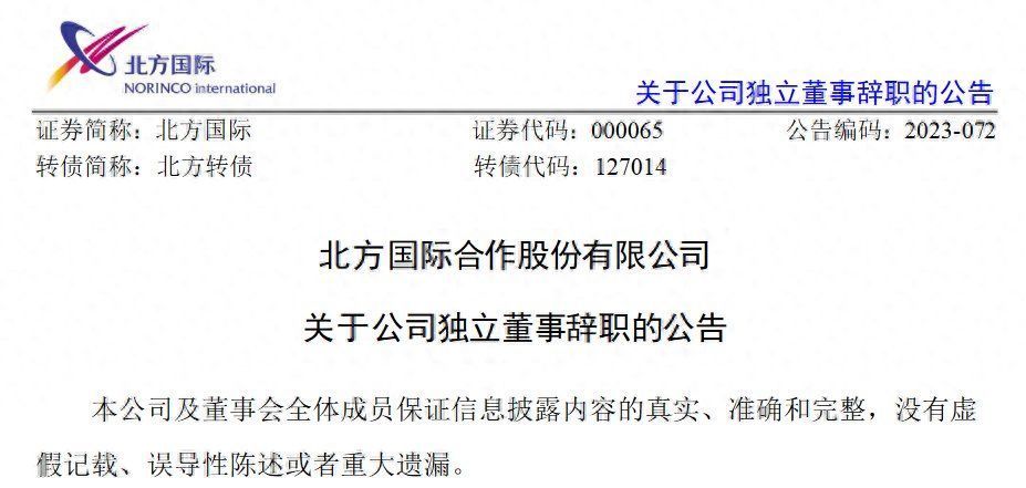 北方国际合作股份有限公司独立董事耿建新辞职