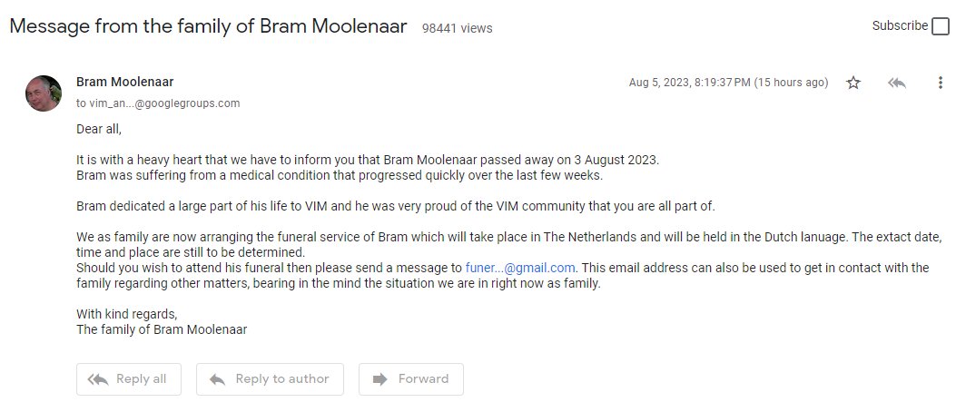 Vim 编辑器创造者 Bram Moolenaar 去世，享年 62 岁