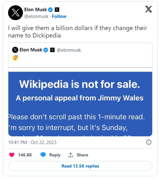 马斯克发推调侃：维基百科若愿意更名，将捐款 10 亿美元