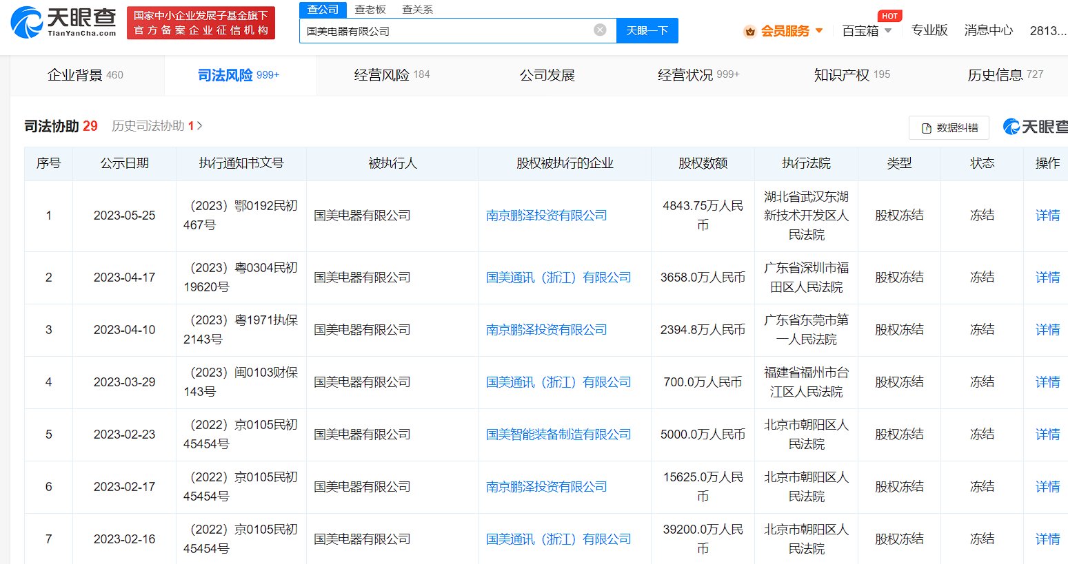 国美电器所持4843万股权被冻结，冻结期限至2026年5月24日