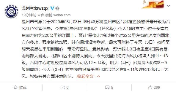 预警|浙江温州市区台风橙色预警信号升级为台风红色预警信号