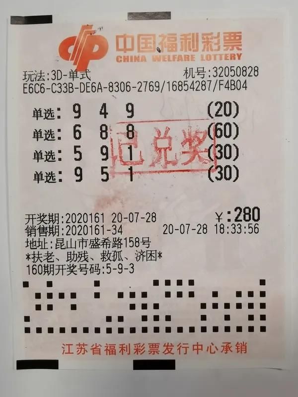 喜获|昆山购彩者喜获3D奖金62400元