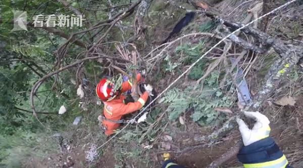  山谷|小轿车冲出路面坠下170米山谷 消防员索降救人