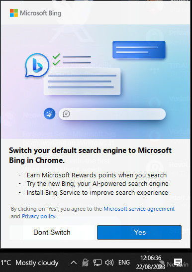 微软推送Windows广告：恳求Chrome用户将Bing设置为默认搜索引擎