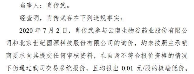  报价|7名投资者违规参与精选层股票询价被限制买入3个月 其中1名5家询价均报0.01元