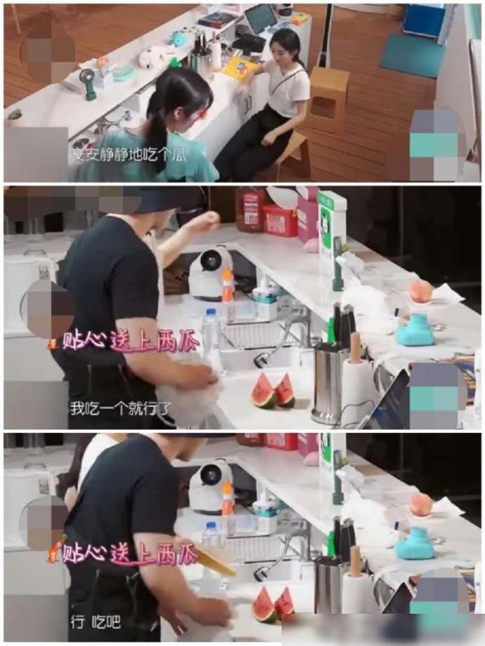  黄晓明|赵丽颖吃瓜时不经意嘟嘴，被镜头拍到后，害羞的看向黄晓明